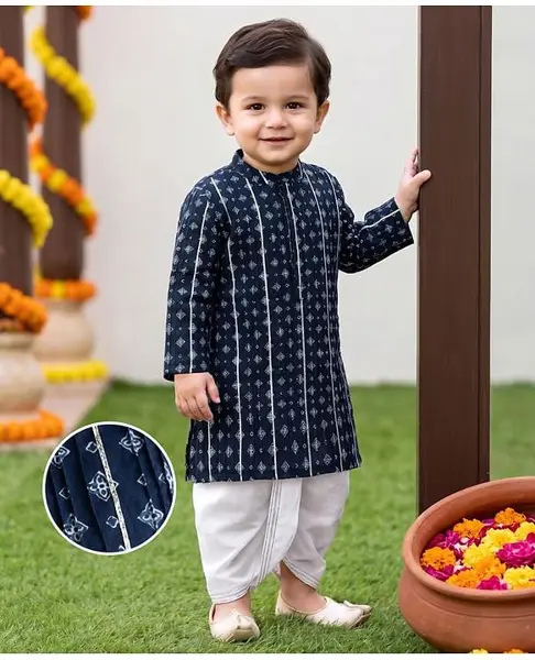 Babyhug Cambric Woven Full Sleeves Pintucked Floral Printed Kurta Dhoti Set - Blue