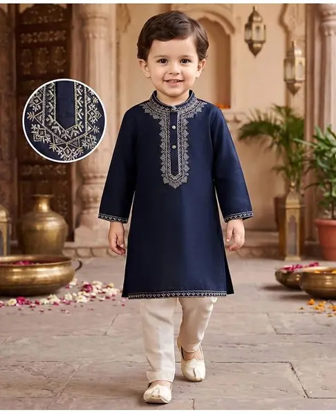Babyhug Woven Full Sleeves Kurta Pyjama Set With Embroidered Neck - Navy