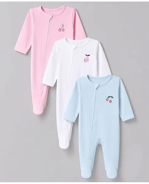 Bonfino 100% Cotton Knit Full Sleeves Sleep Suit with Cherry & Pear Print Pack of 3 - Pink White & Sky Blue