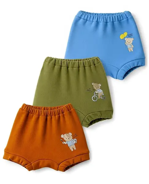 Simply Interlock Knit Bloomers With Teddy Bear Print Pack of 3 - Rust Orange Olive & Blue