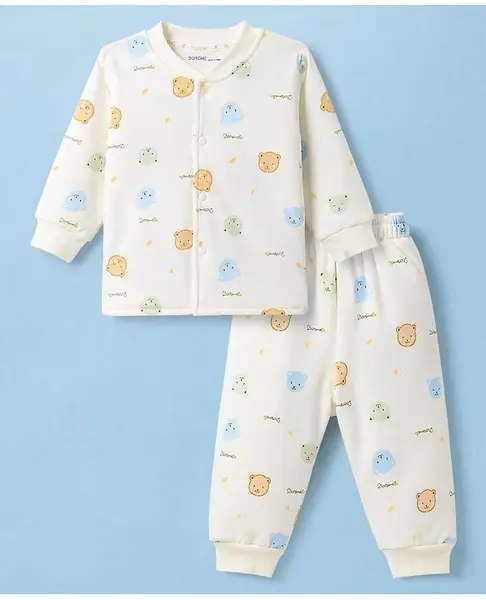 Doreme Fleece Knit Winter Wear Co-ord Set With Bear Theme - Off White