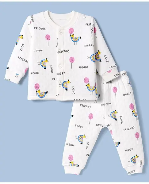 Doreme Fleece Knit Full Sleeves Co-Ords Winter Wear T-Shirt & Joggers Set with Birds Print - White
