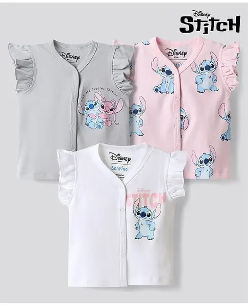 Bonfino Disney Interlock Knit Half Sleeves Jhablas with Stitch & Angel Graphics Pack of 3 - White Pink & Grey