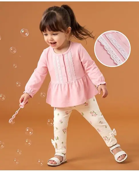 Babyoye 100% Cotton Knit With Eco Jiva Finish Full Sleeves Top & Pant Set With Floral Print & Lace Detailing - Pink & White