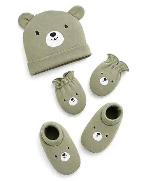Babyhug 100% Cotton Interlock Knit Cap Mittens & Booties Set With Teddy Bear Print Olive Green - Diameter 12 cm