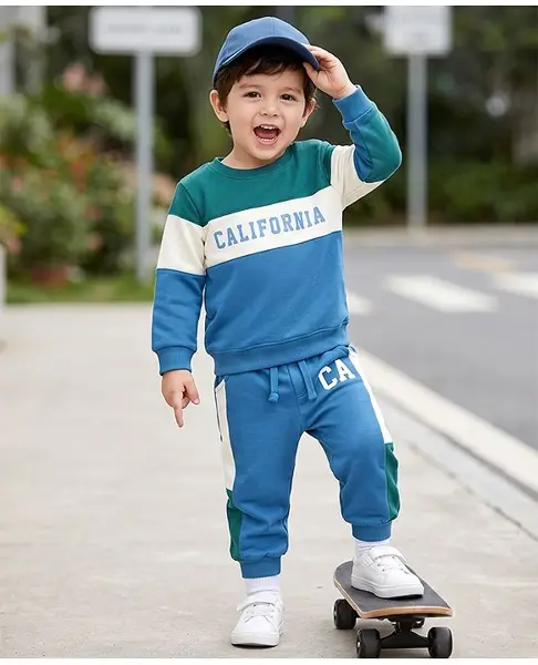 Babyhug Terry Knit Full Sleeves T-shirt & Joggers Set With California Text Print - White