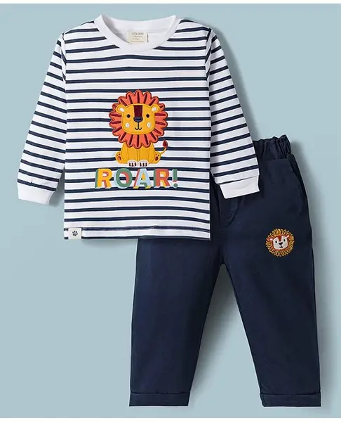 Ollypop Interlock Knit Full Sleeves T-Shirt & Lounge Pant Set with Stripes & Lion Applique - Navy Blue
