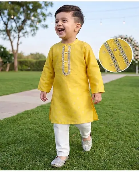 Babyhug Woven Full Sleeves Kurta Pajama Set with Floral Foil Print - Yellow