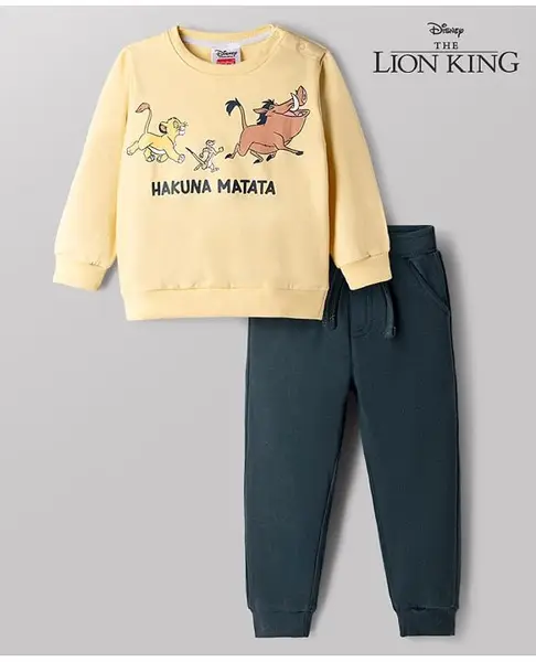 Babyhug Disney Terry Knit Fell Sleeves Sweatshirt and Joggers Set With Simba Timon and Pumbaa Print - Yellow
