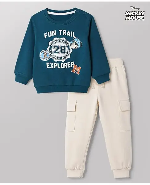 Babyhug Disney Terry Knit Full Sleeves Sweatshirt & Joggers Set with Mickey Mouse Graphic - Teal Blue