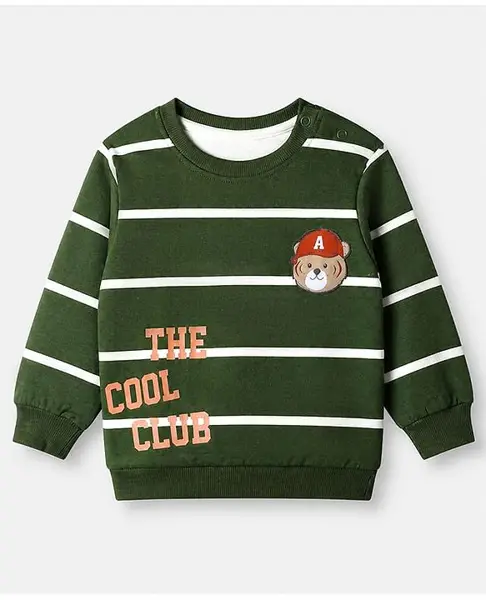 Babyhug 100% Cotton Heavy Gauge Terry Knit Striped Sweatshirt with Full Sleeves & Bear Patch with The Cool Club Text Print - Olive Green