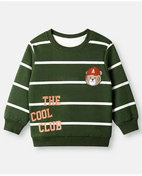 Babyhug 100% Cotton Heavy Gauge Terry Knit Striped Sweatshirt with Full Sleeves & Bear Patch with The Cool Club Text Print - Olive Green
