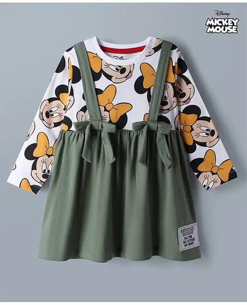 Babyhug Disney Cotton Single Jersey Knit Full Sleeves Minnie Mouse Printed Frock - White & Green
