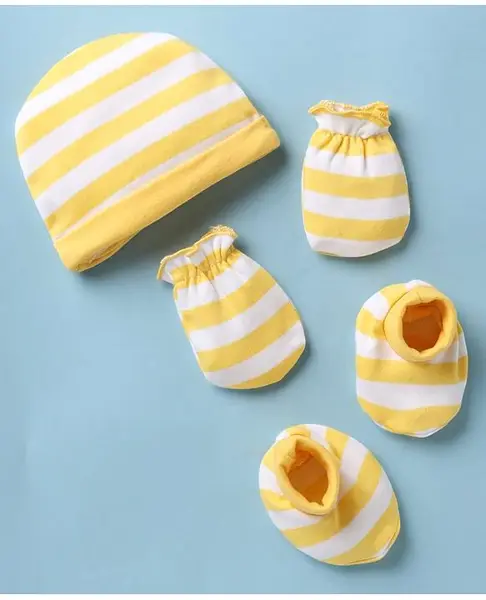 Babyhug 100% Cotton Interlock Knit Striped Cap Mittens & Booties Yellow - Diameter 9.5 cm
