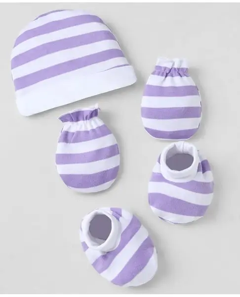 Babyhug 100% Cotton Interlock Knit Striped Cap Mitten & Booties - Purple