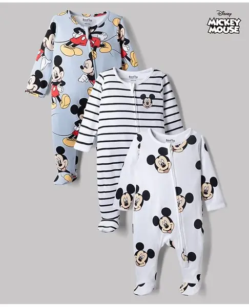 Bonfino Disney 100% Cotton Interlock Knit Full Sleeves Striped Sleep Suits with Mickey Mouse Graphic Print Pack of 3 - White Light Blue
