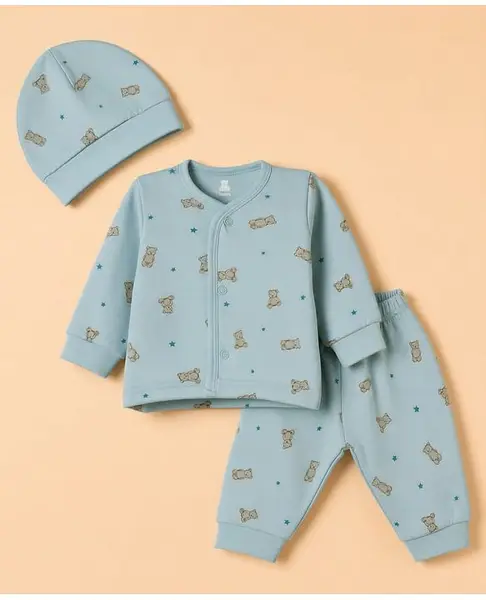 I Bears Fleece Knit Full Sleeves Bear Printed Co-Ords Winter Wear Set With Cap - Light Blue