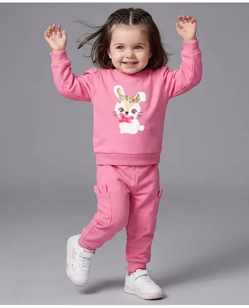 Babyoye 100% Cotton Knit Full Sleeves Winter Wear Suit With Cat Patch - Fuchsia