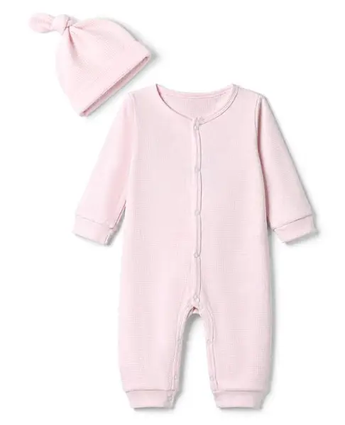 Bonfino 100% Cotton Knit Waffle Full Sleeves Romper With Cap - Pink
