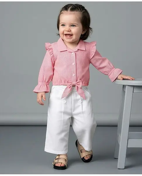 Babyoye 100% Cotton Woven Full Sleeves Top & Pants With Stripe Print - White & Pink
