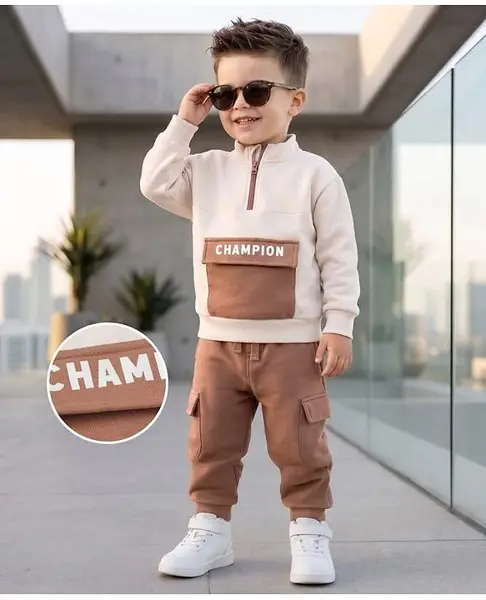 Mark & Mia Fleece Knit Full Sleeves Zipper Winter Wear Suit With Text Print - Off White