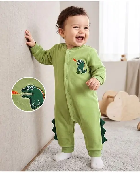 Mark & Mia Full Sleeves Winter Wear Romper With Dino Patch -Green