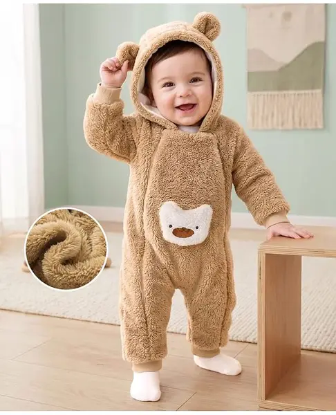Mark & Mia Full Sleeves Hooded Winter Wear Romper With Teddy Bear Applique - Brown