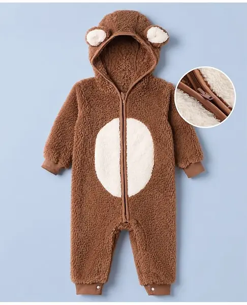 Mark & Mia Full Sleeves Winter Wear Romper With Ear Applique - Brown