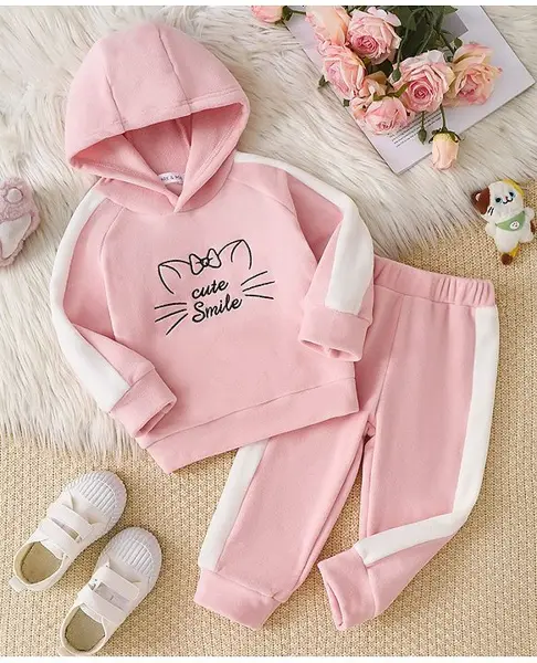 Mark & Mia Full Sleeves Winter Wear Suit With Cute Smile Text & Cat Face Embroidery - Pink
