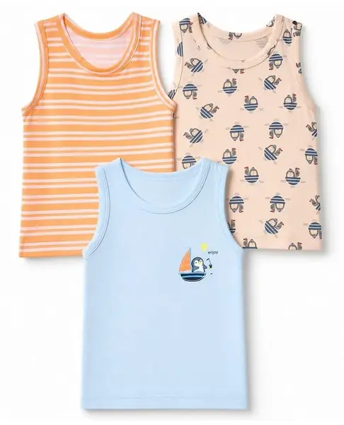Babyhug 100% Cotton Knit Striped Sleeveless Vests With Boat Print Pack of 3 - Light Blue Peach & Orange