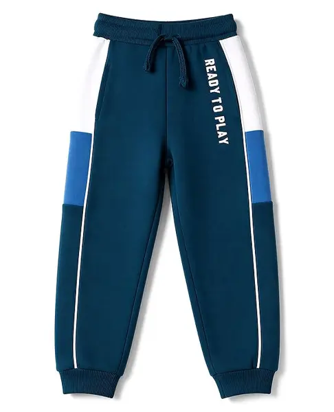 Babyhug Cotton Looper Knit Full Length Lounge Pant With Text Print- Blue