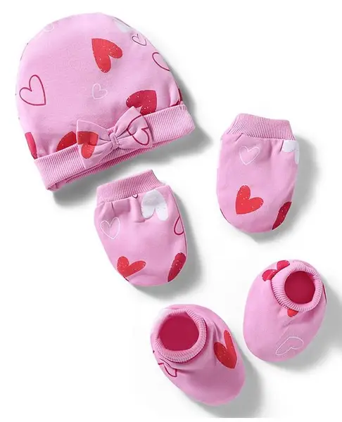 Bonfino 100% Cotton Knit Cap Mittens and Booties with Heart Print & Bow Applique Pink - Diameter 11.5 cm