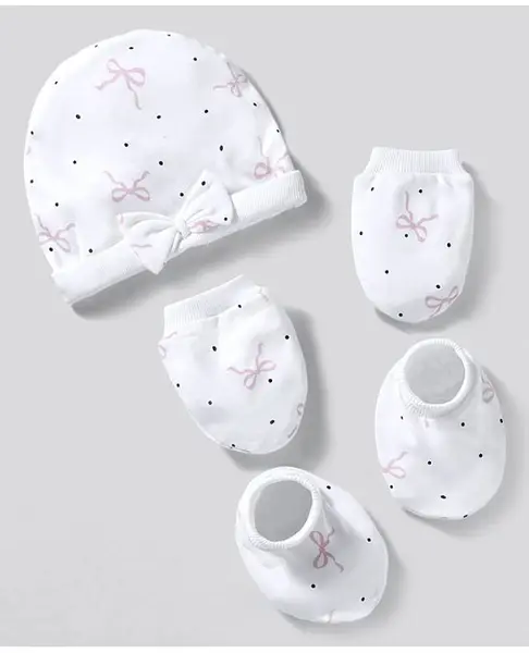 Bonfino 100% Cotton Knit Cap Mittens and Booties with Polka Dot Bow Print & Bow Applique White - Diameter 12 cm