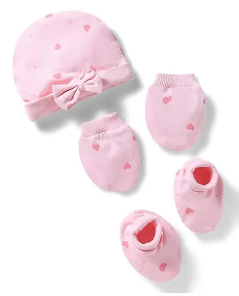 Bonfino 100% Cotton Knit Cap Mittens and Booties with Polka Dot Heart Print & Bow Applique Light Pink - Diameter 11.5 cm
