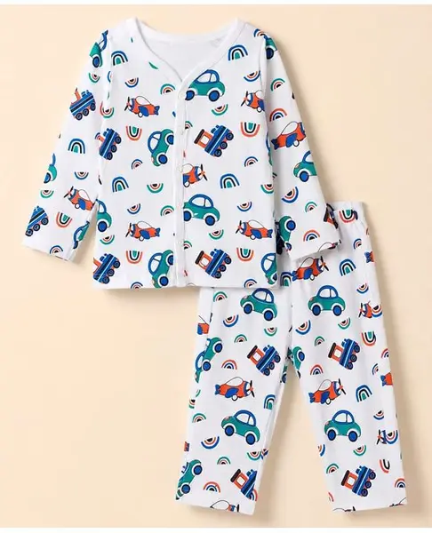 Doodle Poodle 100% Cotton Knit Full Sleeves Car Printed T-Shirt & Lounge Pant Set - White