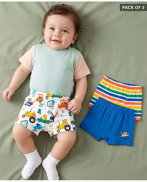 Babyhug 100% Cotton Single Jersey Knit Striped & JCB Printed Trunks Pack of 3  - Blue