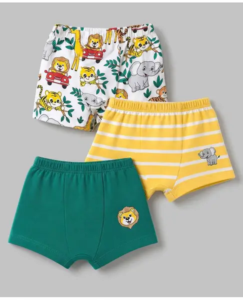 Babyhug 100% Cotton Single Jersey Knit Briefs With Animal Print & Stripes Pack of 3- Yellow  White & Green