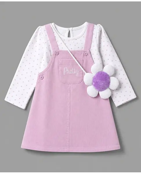 Babyhug Cotton Woven Frock and Inner Tee and Purse with Full Sleeves and Pretty Text Embroidery - Lavender