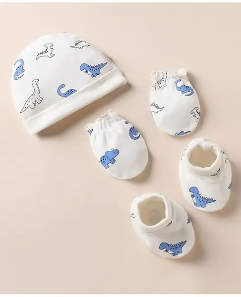 Babyhug 100% Cotton Interlock Knit Cap Mitten & Booties with Dinosaur Rhinosaur Print White - Diameter 17 cm