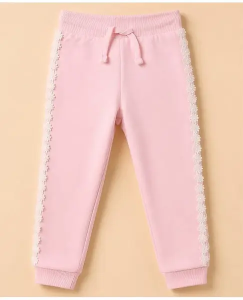 Babyhug Cotton Looper Knit Full Length Lounge and Track Pant With Lace Detailing - Pink