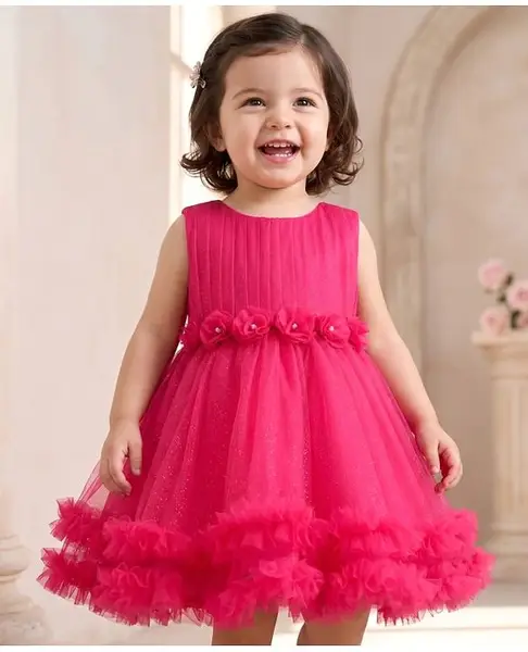 Babyhug Mesh Woven Sleeveless Party Dress With Floral Applique & Ruffles - Dark Pink