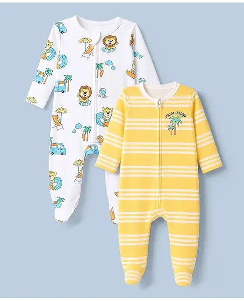 Babyhug Cotton Knit Full Sleeves Front Open Striped Sleepsuit With Beach & Animal Print Pack of 2 - White & Yellow