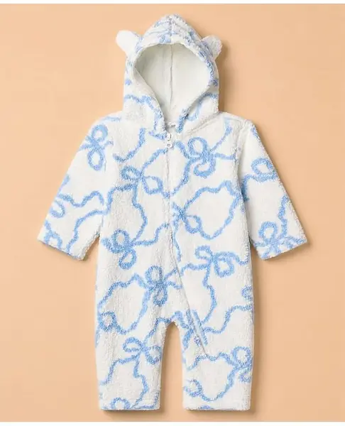 Babyhug Fur Woven Full Sleeves Hooded Printed Winter Wear Romper - White & Blue