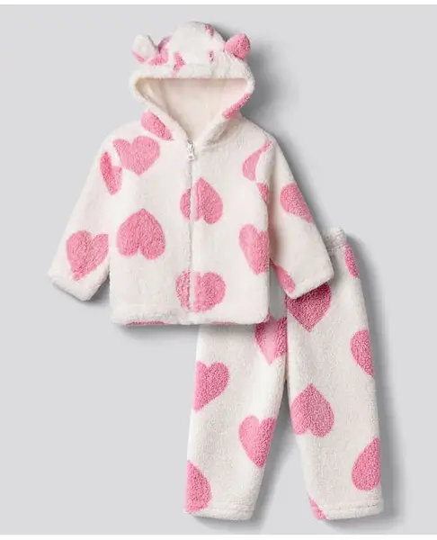 Babyhug Fur Woven Winter Wear Co-ords Suit with Full Sleeves and Hearts Design - Pink & White