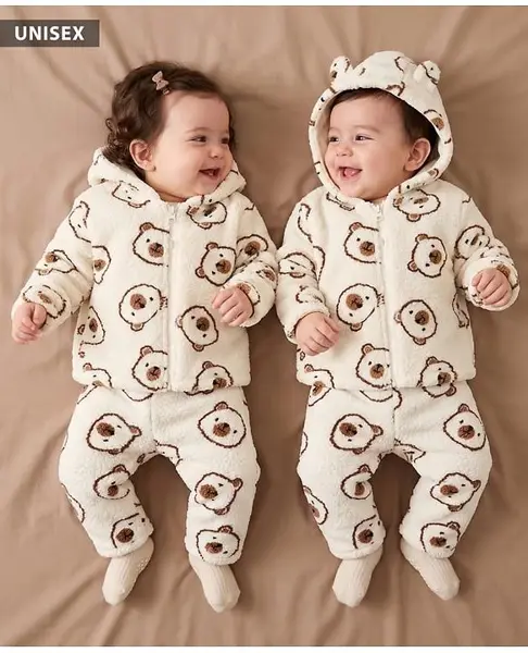Babyhug Fur Woven Full Sleeves Winter Wear Co-ords Suit Bear Design - Ivory