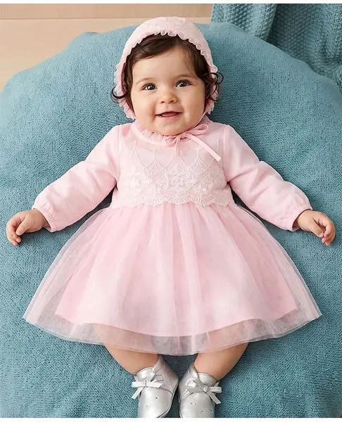 Babyhug Mesh Woven Full Sleeves Fit & Flare Embroidered Party Dress With Cap - Light Pink