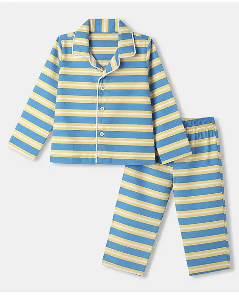 Babyhug Cotton Knit Full Sleeves Co-Ords Striped Shirt & Pyjama Night Suit - Blue