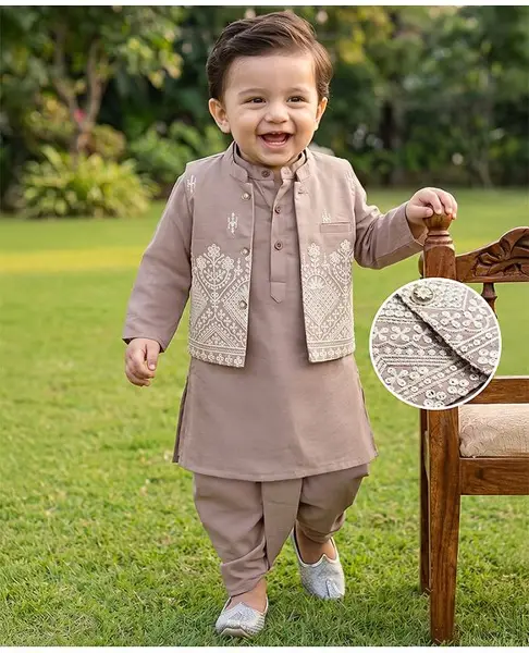 BABYHUG BOYS SOLID DHOTI KURTA SET SET WITH EMBROIDERED JACKET 9-12M LIGHT PURPLE