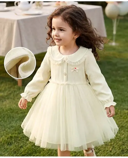 Mark & Mia Full Sleeves Corsage & Bow Applique Winter Frock - Beige