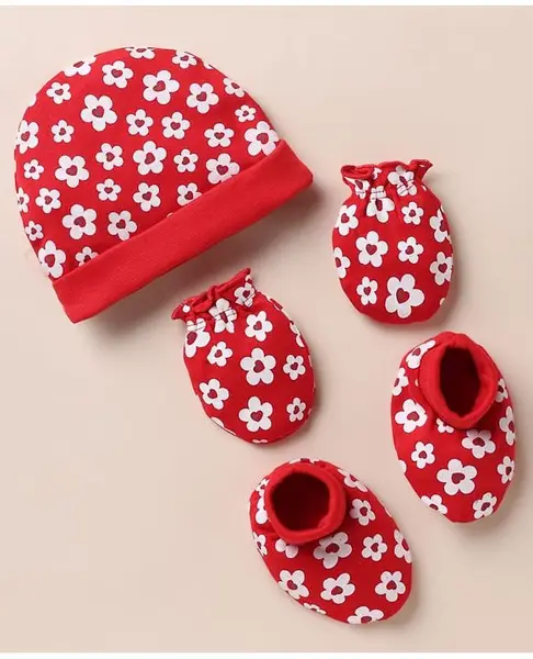 Babyhug 100% Cotton Interlock Knit Cap Mitten & Booties with Floral Print Read - Diameter 12 cm
